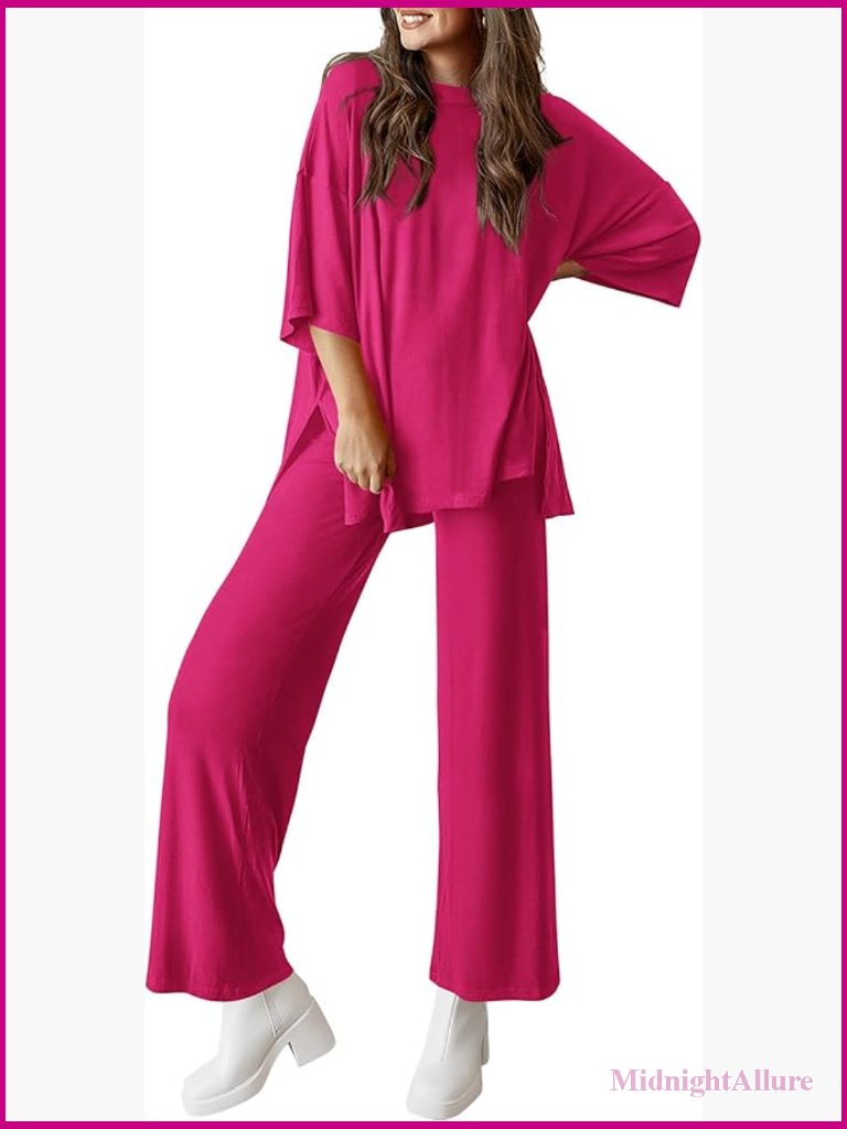 Two Piece Lounge Set - Short Sleeve Top & Wide Leg Pants With Pockets